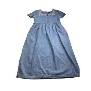 Vintage 90s Erika Denim Maxi Dress Floral Embroidery Button Front Size L A-Line